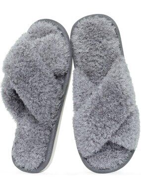 Women Grey Cherry Velvet Memory Foam Fuzzy House Slippers Soft Open-Toe Slippers